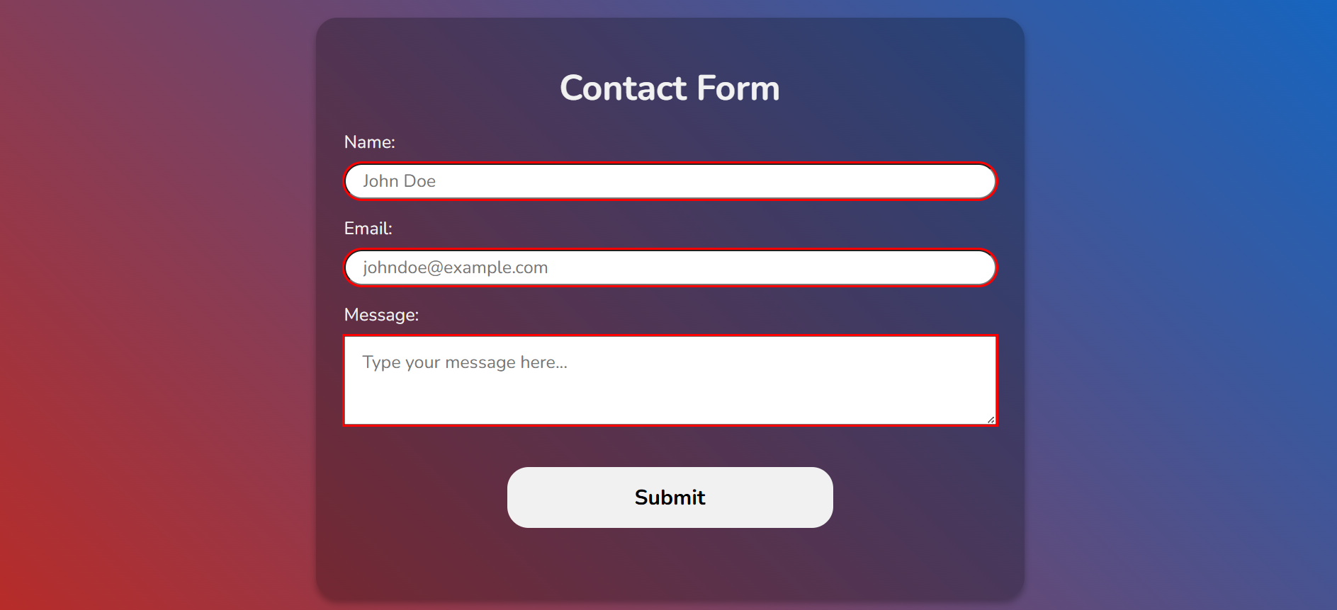 Screenshot of the contact form page.